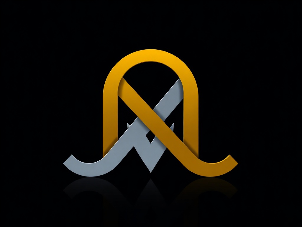 An abstract geometric logo mark of interlocking letters 'MM', gold and silver gradient, clean edges, isolated on a dark background with subtle reflection. Photorealistic, 8k, commercial photography style.